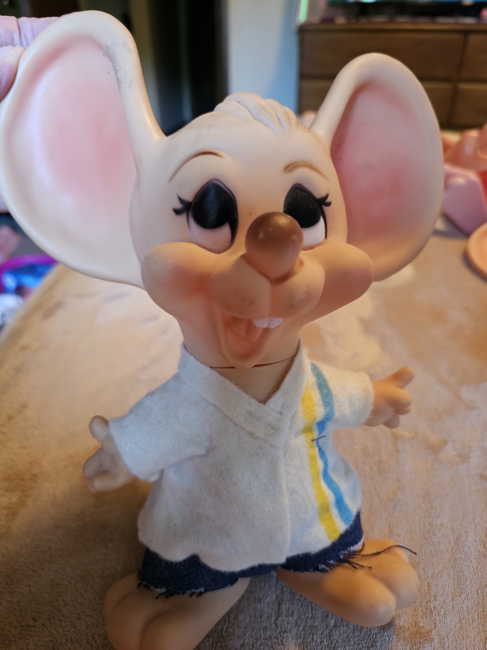 Vintage Mouse Plush Figure with Pink Ears and Navy Accent